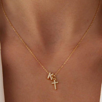 Dainty Monogram and Cross Diamond Chain Necklace
