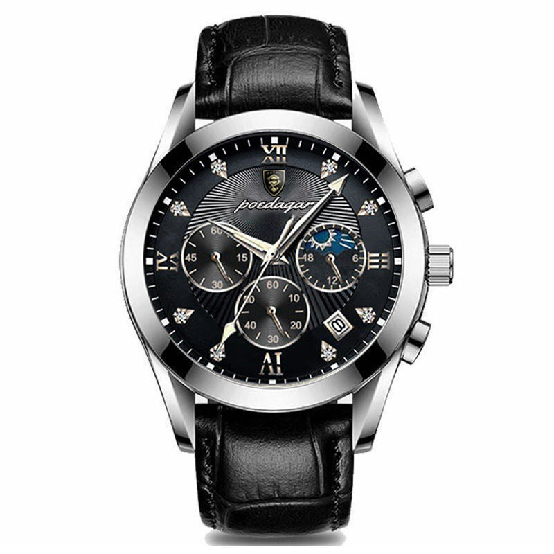 Stylish Mens Black Leather Sapphire Watch