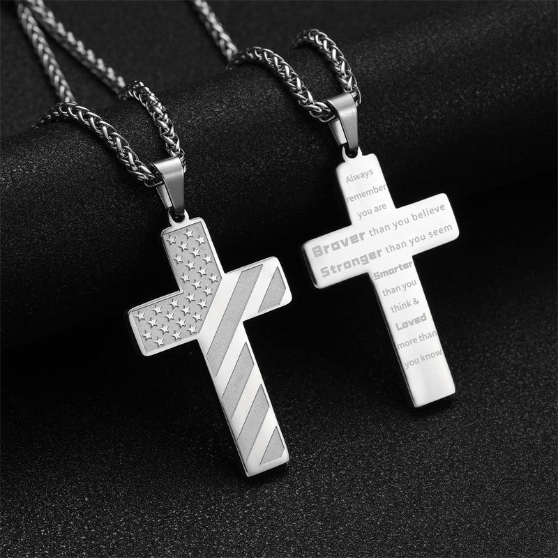 American Flag Cross Silver Pendant Necklace