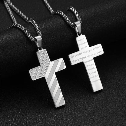 American Flag Cross Silver Pendant Necklace