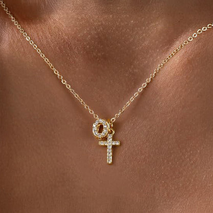 Dainty Monogram and Cross Diamond Chain Necklace