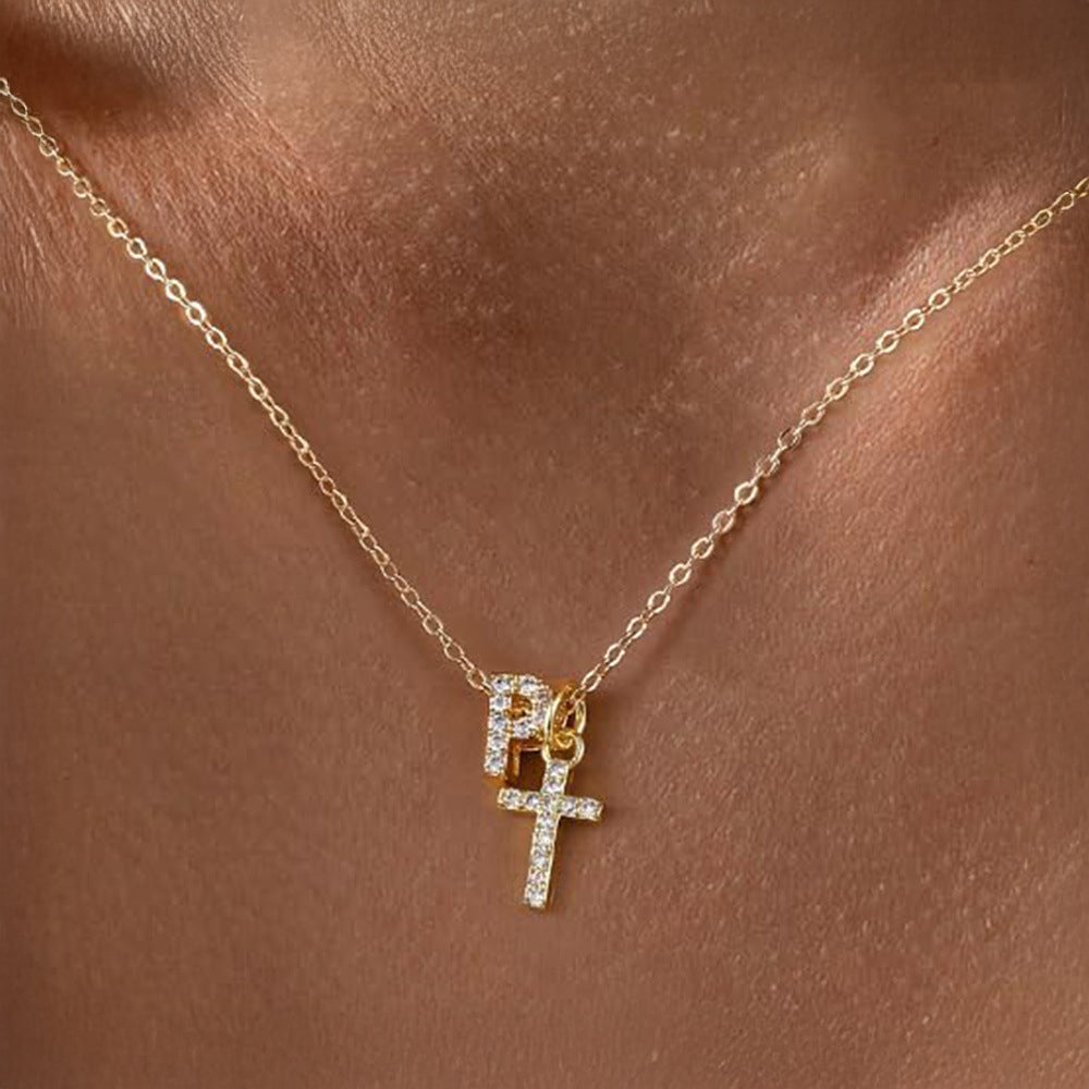 Delicate Diamond Letter & Cross Pendant Necklace