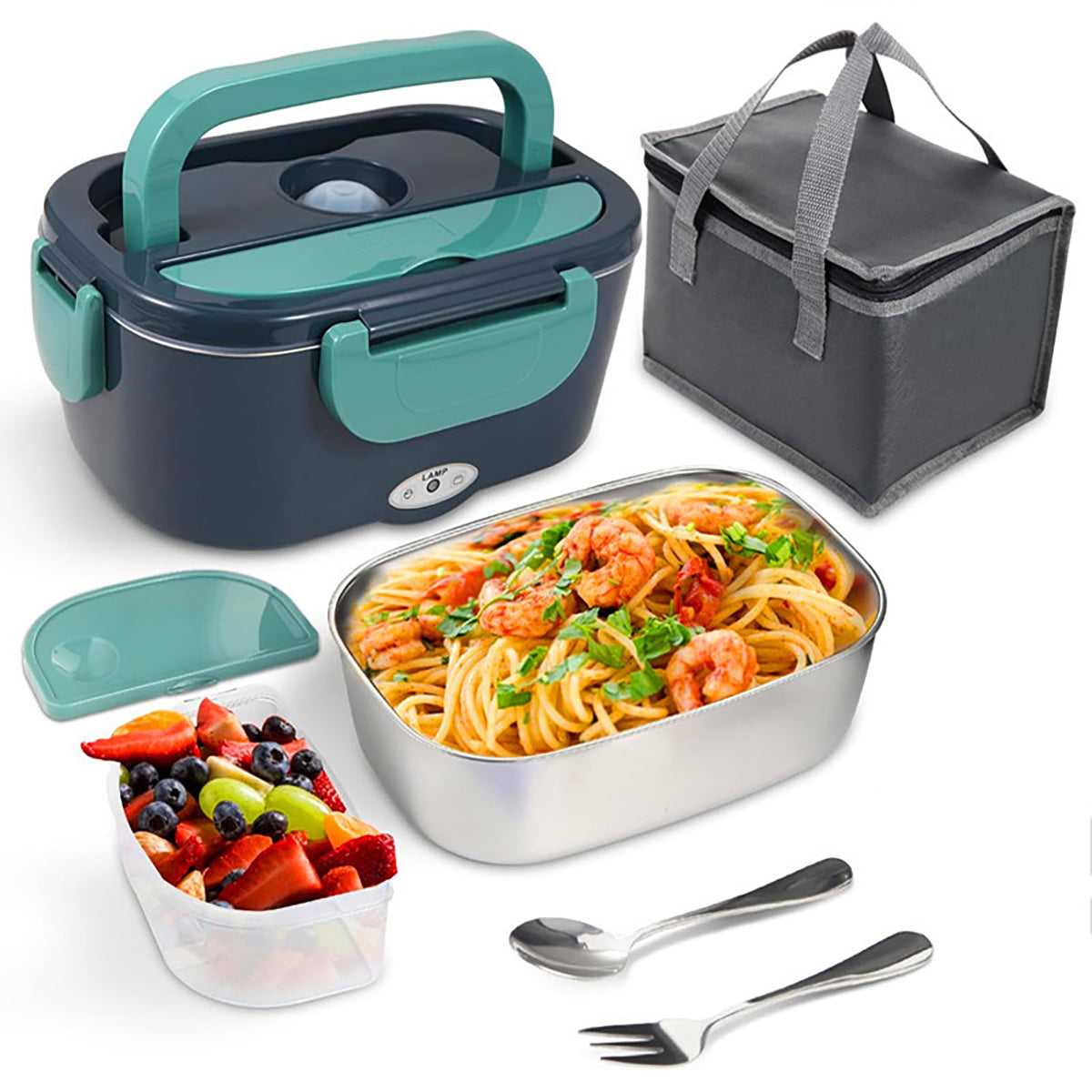 Insulated Heated Lunch Box with 2 Stainless Steel Compartments