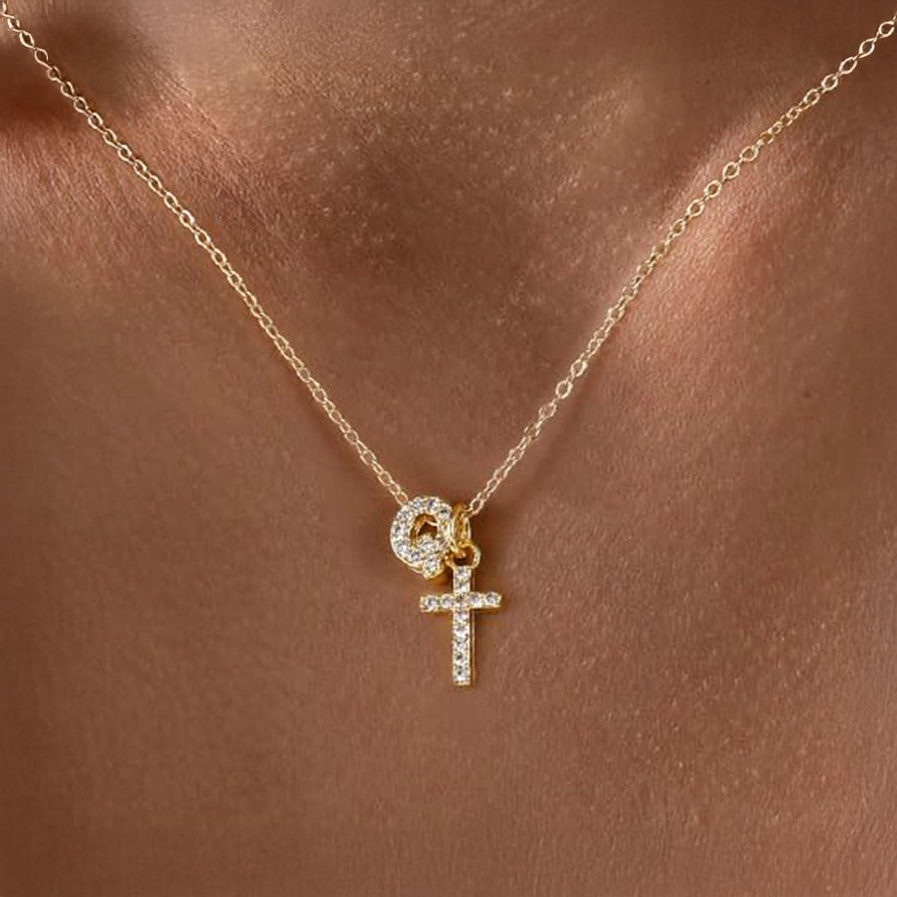 Dainty Monogram and Cross Diamond Chain Necklace