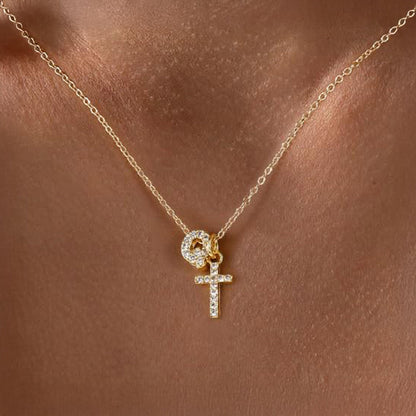 Dainty Monogram and Cross Diamond Necklace