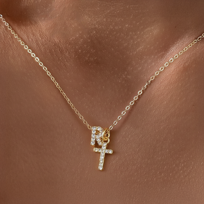 Dainty Monogram and Cross Diamond Necklace