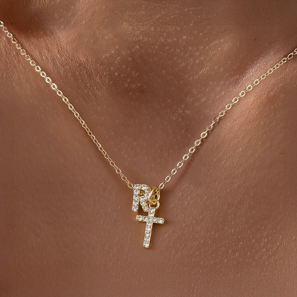 Delicate Diamond Letter & Cross Pendant Necklace