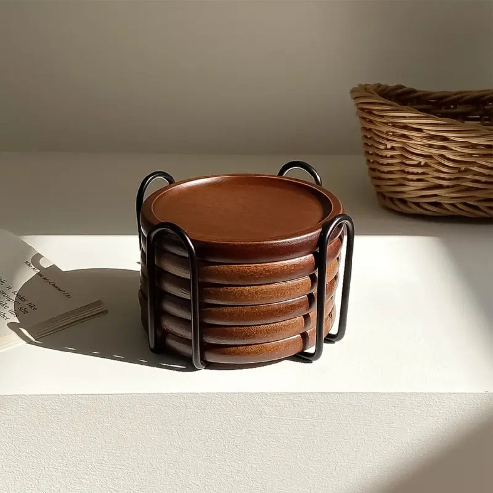 Natural Wood Coasters with Metal Stand | 6pc Set - Luxicro