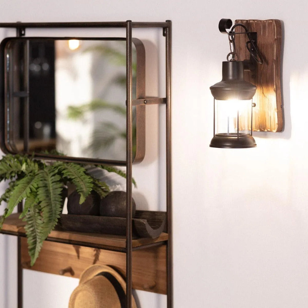 Country Style Wooden Wall Lamp - Black Metal Vintage Sconce - Luxicro