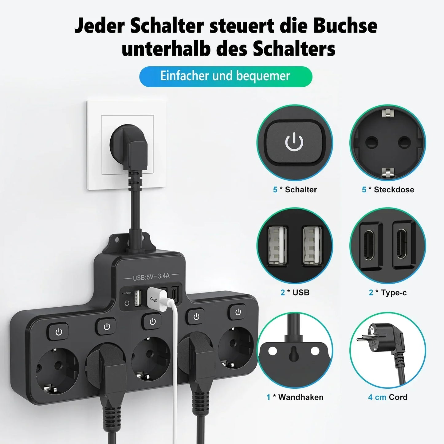 Space Saving EU Plug Extension with 5 Sockets and 4 USB