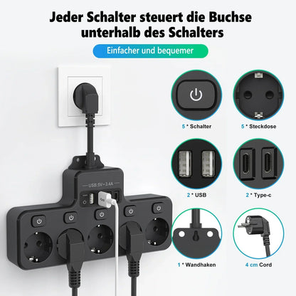Space Saving EU Plug Extension with 5 Sockets and 4 USB