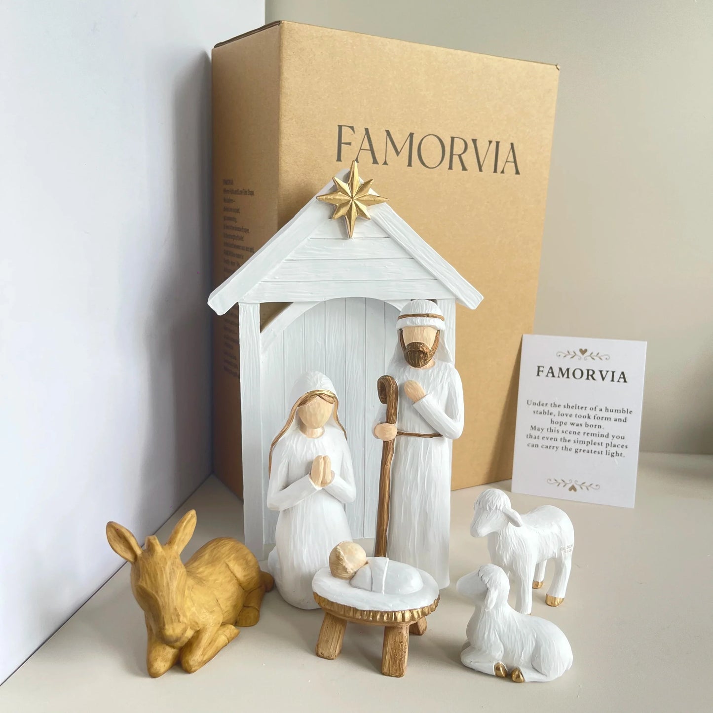 Classic 7-Piece Christmas Nativity Set White Gold Figures