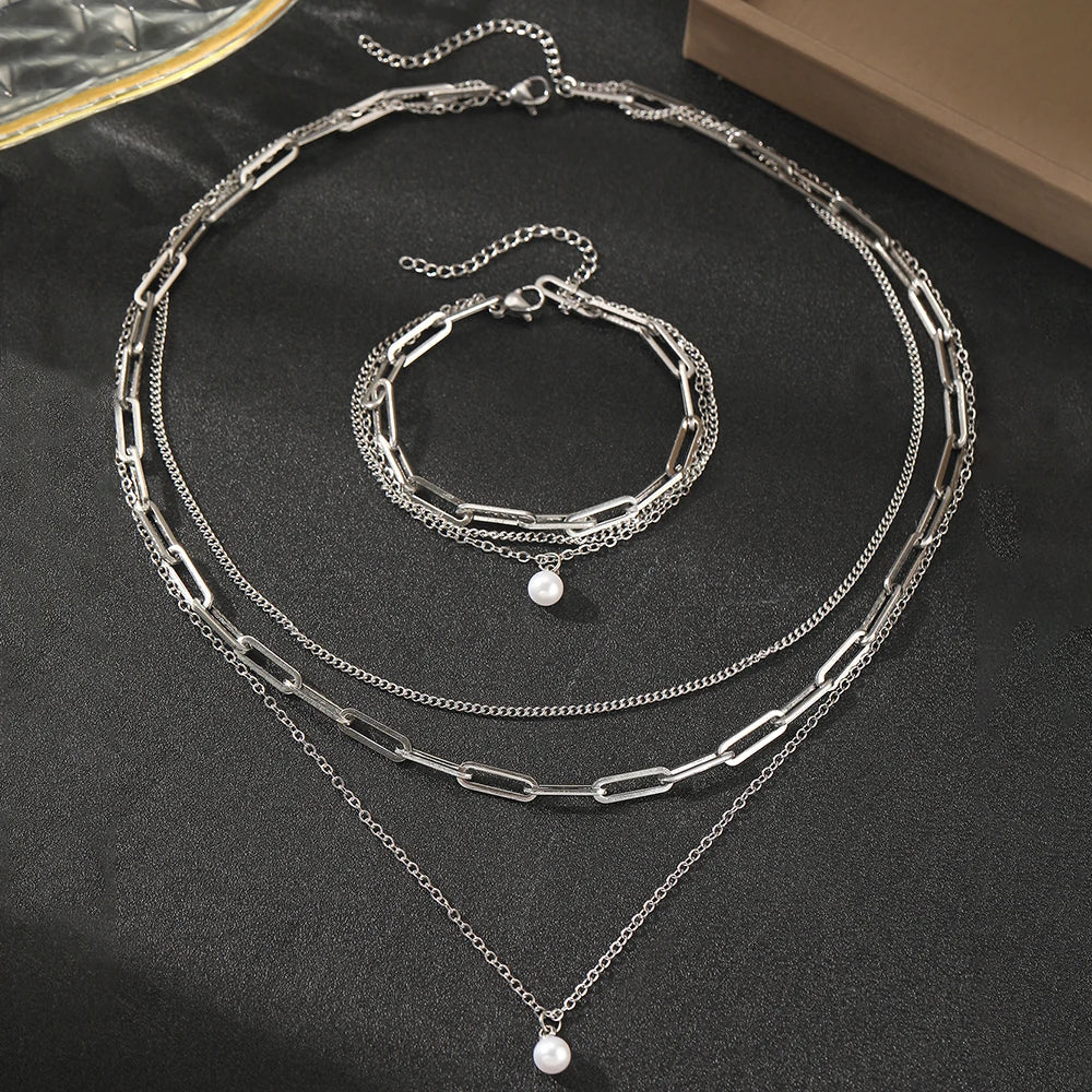 Elegant Multi Layer Pearl Chain Necklace Set