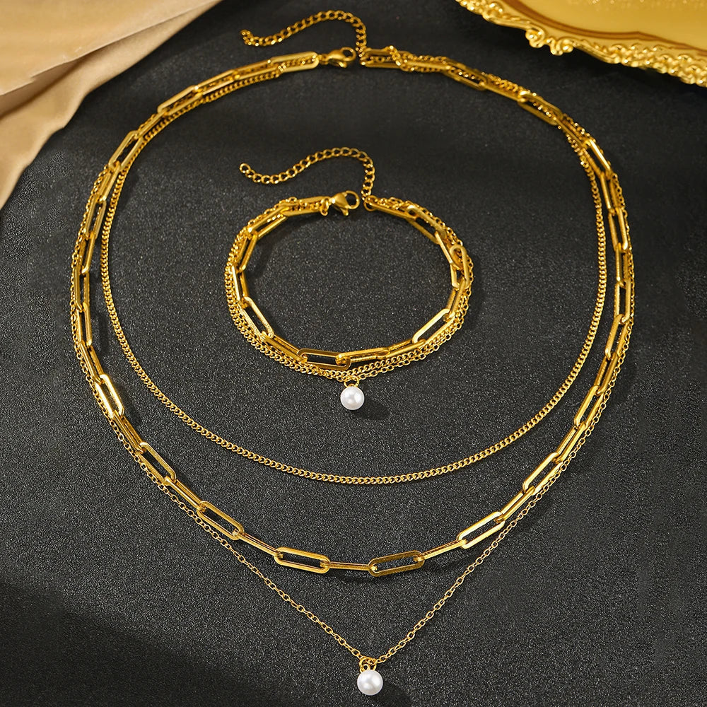 Elegant Multi Layer Pearl Chain Necklace Set