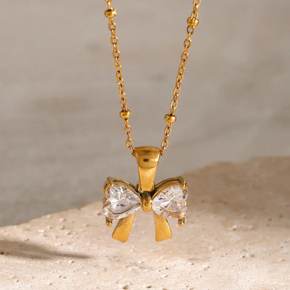 Elegant Ladies Diamond Ribbon Pendant Necklace - Luxicro