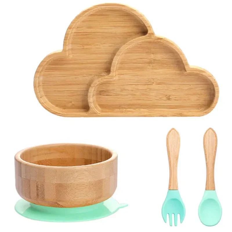 Natural Bamboo Baby Tableware Set with Suction Base