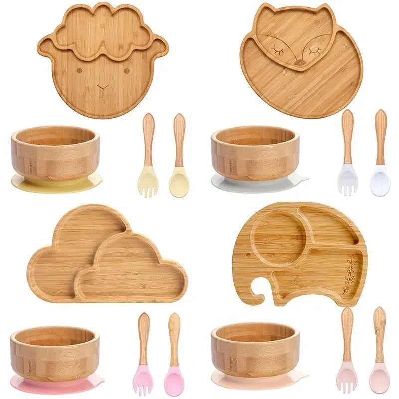 Natural Bamboo Baby Tableware Set with Suction Base