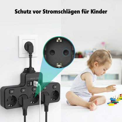 Space Saving EU Plug Extension with 5 Sockets and 4 USB