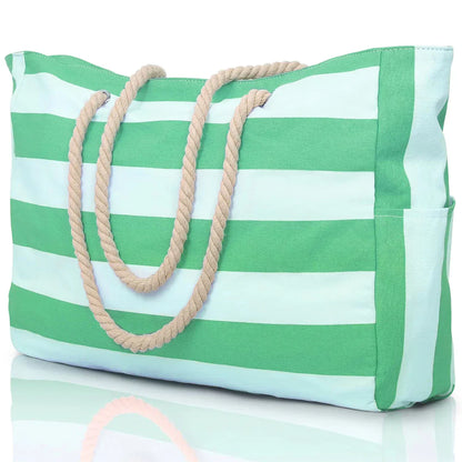 Portable Striped Tote Beach Bag with Zipper Closure