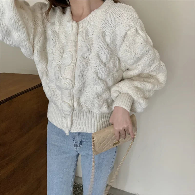 Cozy Fall Womens Knit Sweater - Puffy Sleeves