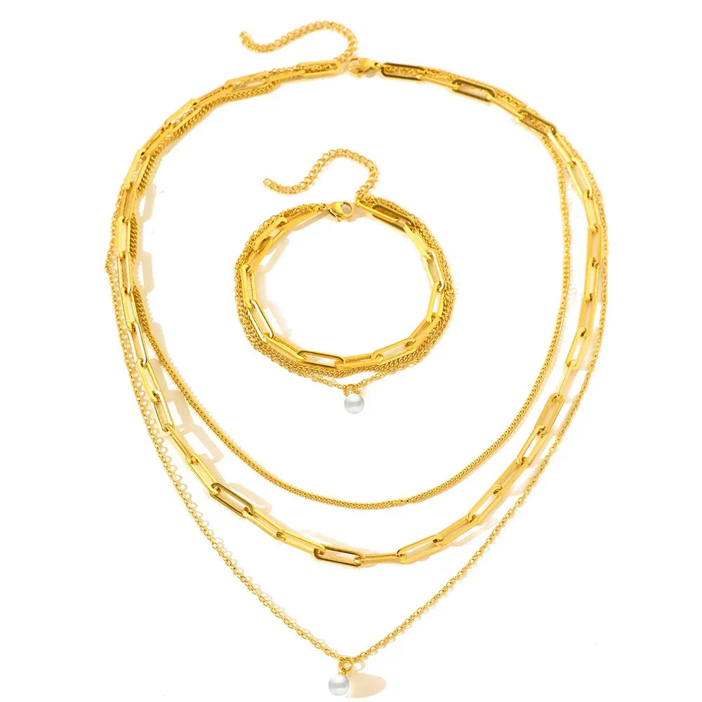 Elegant Multi Layer Pearl Chain Necklace Set - Luxicro