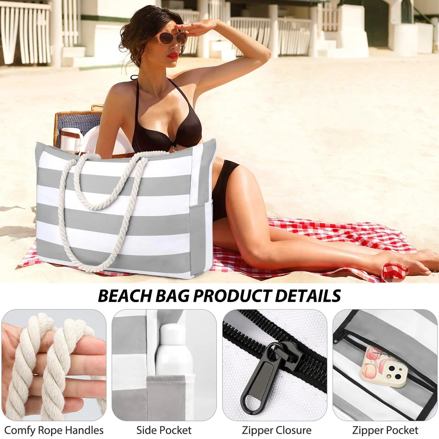 Portable Striped Tote Beach Bag with Zipper Closure