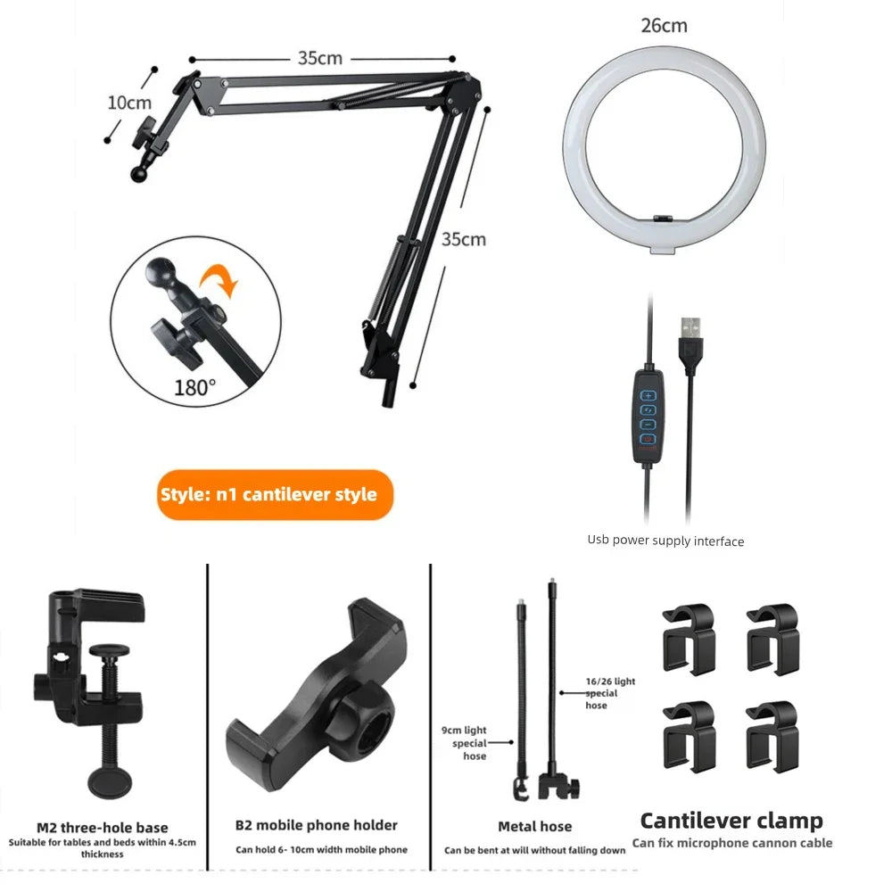 Compact Rechargeable Ring Light with Phone Holder