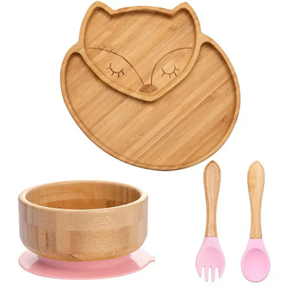 Natural Bamboo Baby Tableware Set with Suction Base