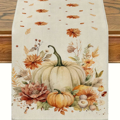 Autumn Harvest Table Runner with Leaves and Pumpkins