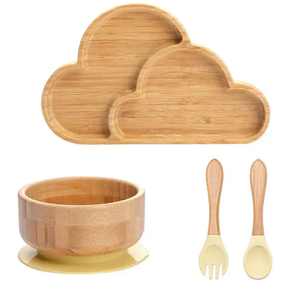 Natural Bamboo Baby Tableware Set with Suction Base