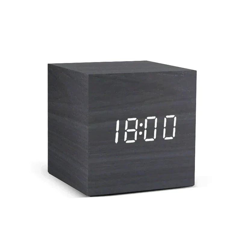 Compact Wood LED Clock with Temp Display