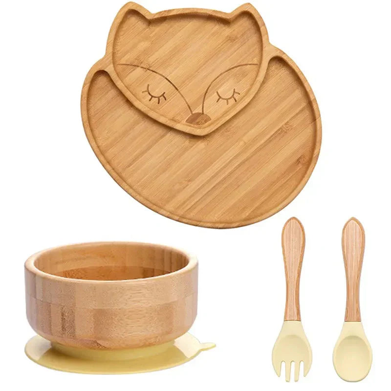 Natural Bamboo Baby Tableware Set with Suction Base