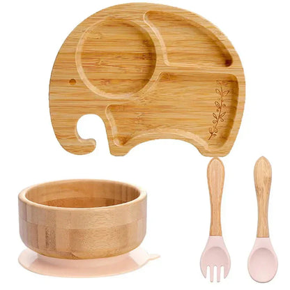 Natural Bamboo Baby Tableware Set with Suction Base