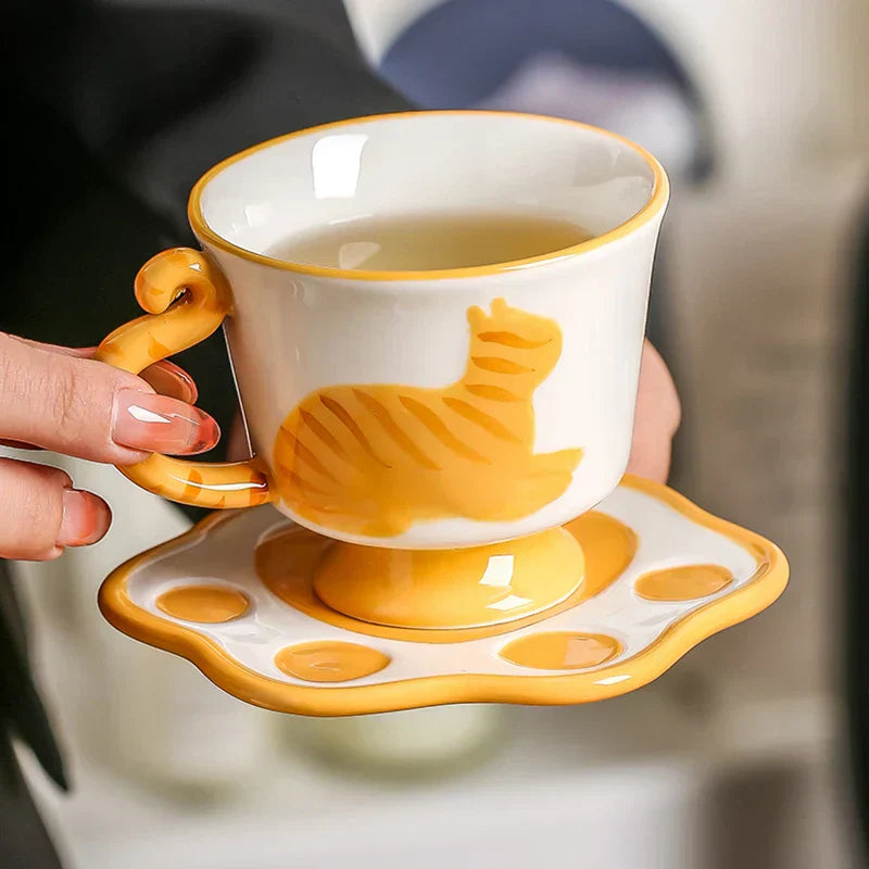 Vibrant Orange Kitty Ceramic Mug Coffee Set