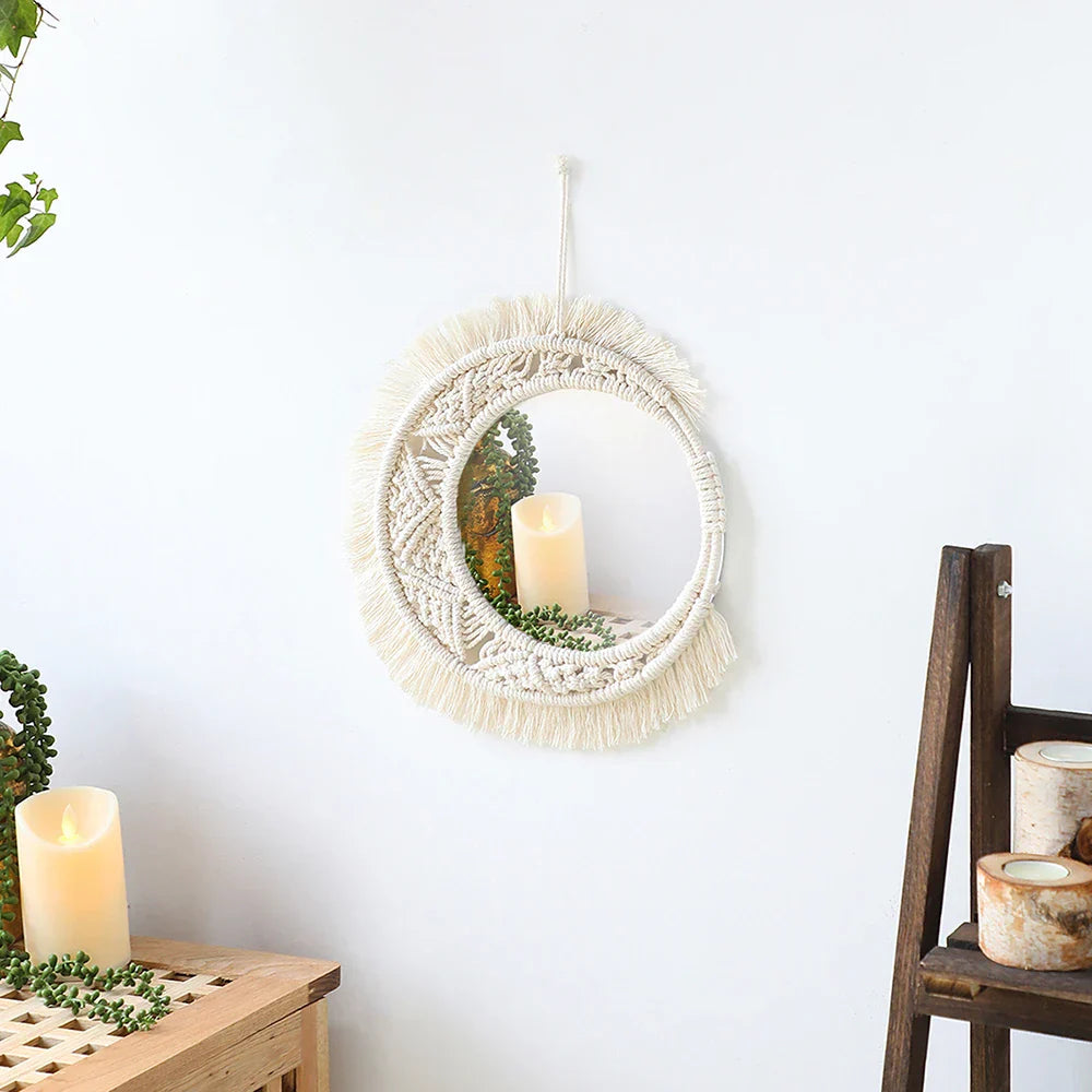 Boho Chic Wall Hanging Mirror Set with Fringe