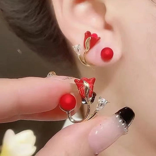 Beautiful Red Bloom Korean Zircon Drop Earrings - Luxicro