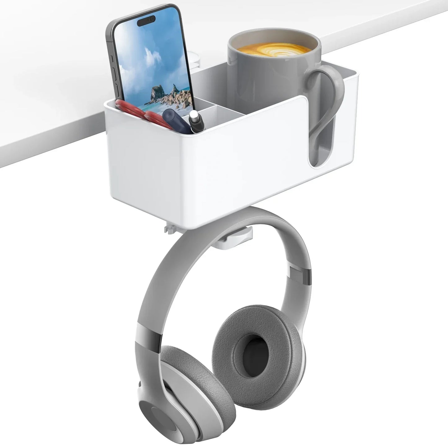 Adjustable Desk Accessory - Clamp On Headset & Cup Holder