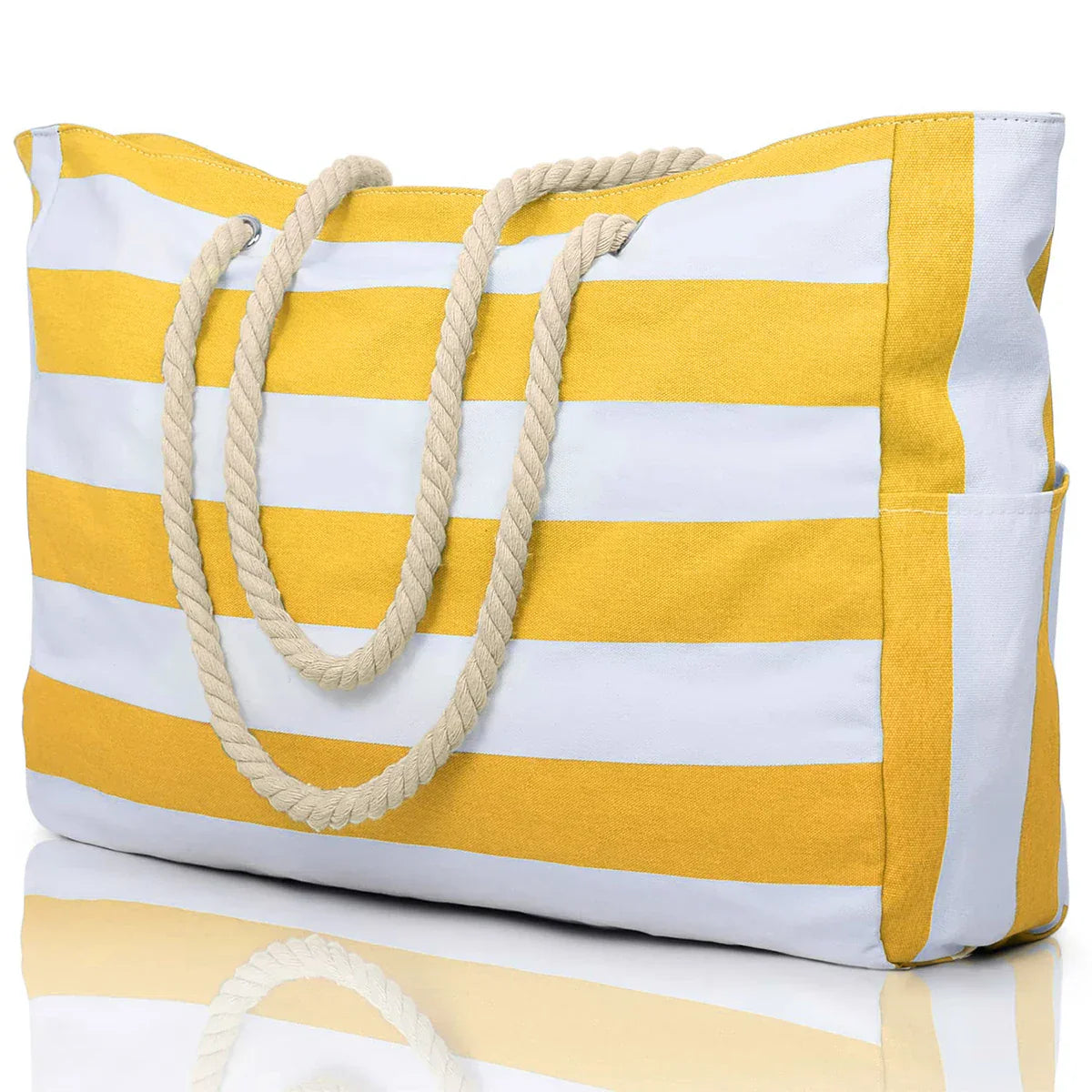 Portable Striped Tote Beach Bag with Zipper Closure