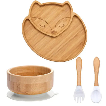 Natural Bamboo Baby Tableware Set with Suction Base