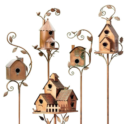 Decorative Metal Bird House on Garden Pole