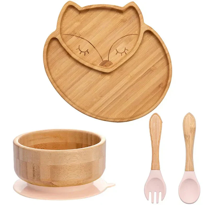 Natural Bamboo Baby Tableware Set with Suction Base