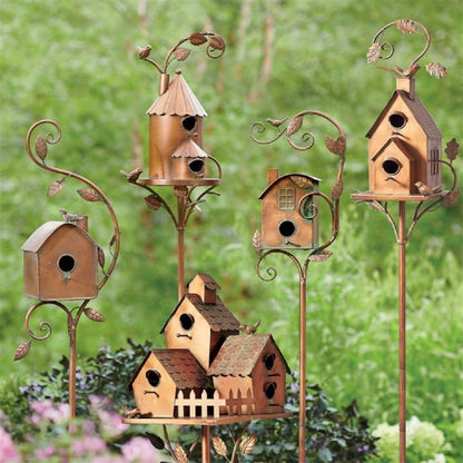 Decorative Metal Bird House on Garden Pole