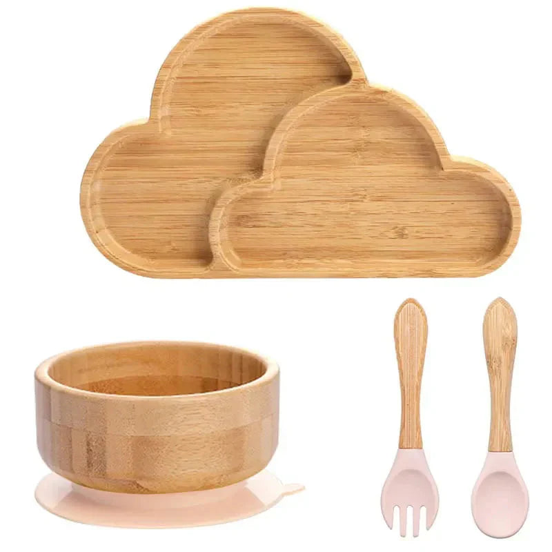 Natural Bamboo Baby Tableware Set with Suction Base