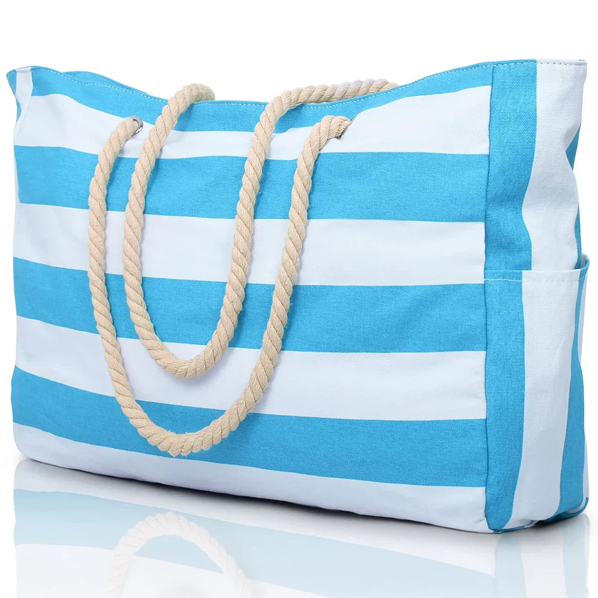 Portable Striped Tote Beach Bag with Zipper Closure - Luxicro