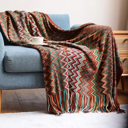 Cozy Fringed Throw Blanket Rustic Red Plush