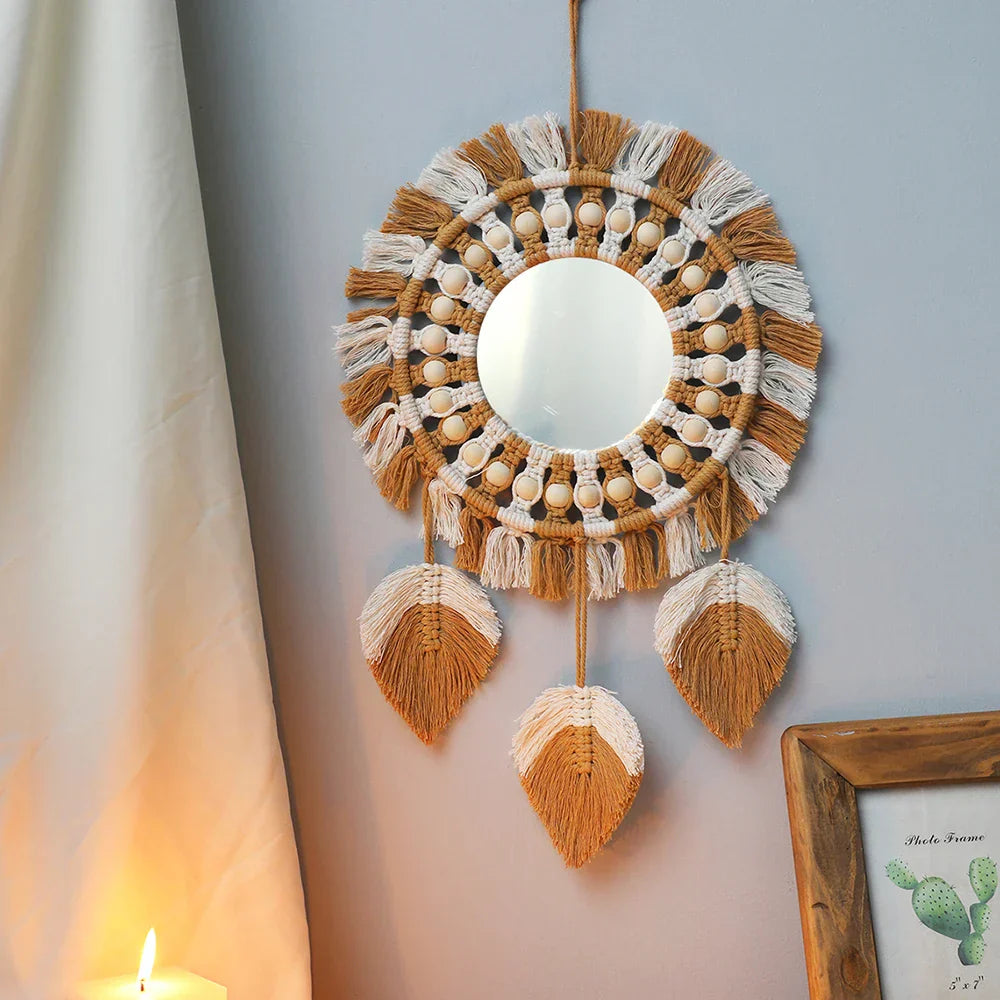 Boho Chic Wall Hanging Mirror Set with Fringe