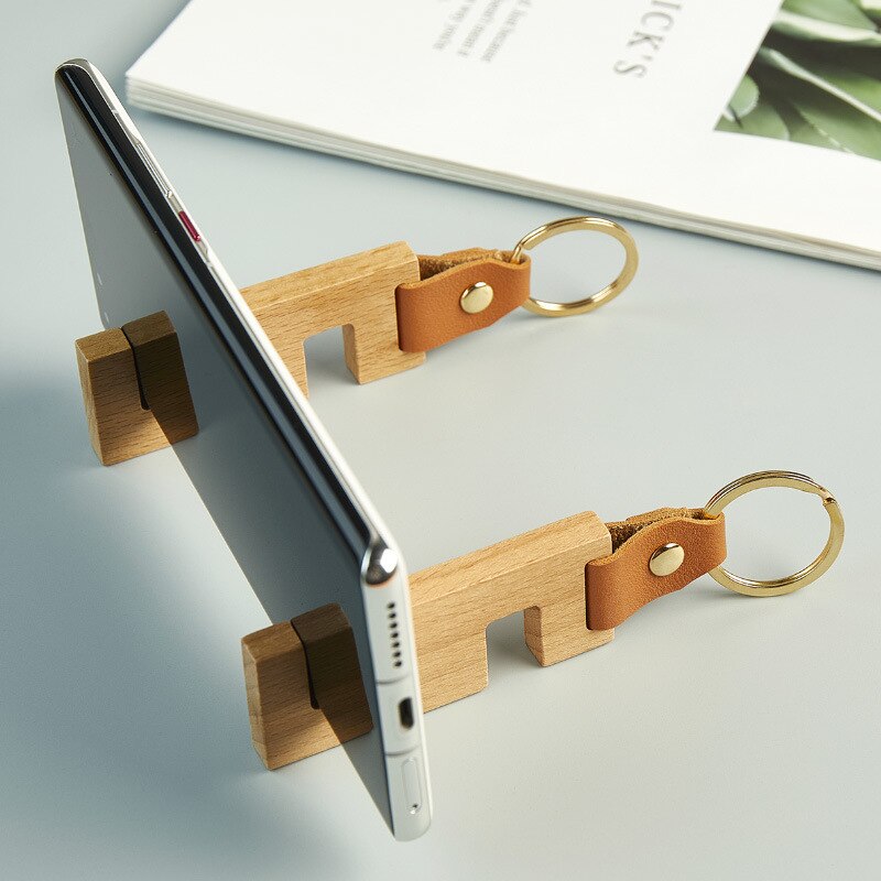 Compact Wooden Phone Holder Keychain