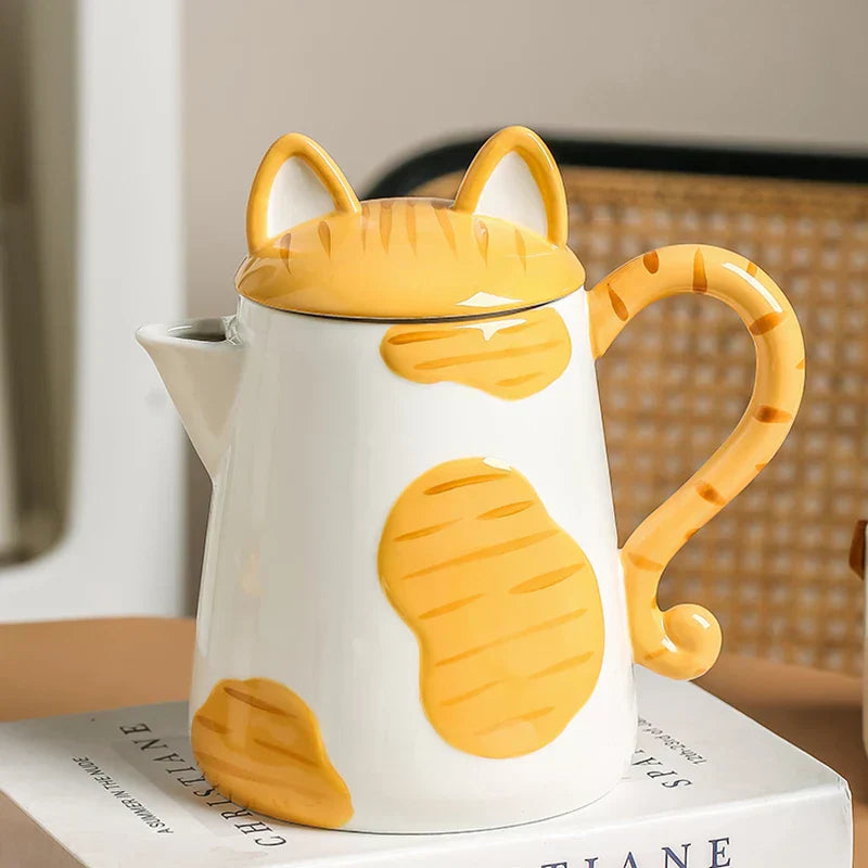 Vibrant Orange Kitty Ceramic Mug Coffee Set