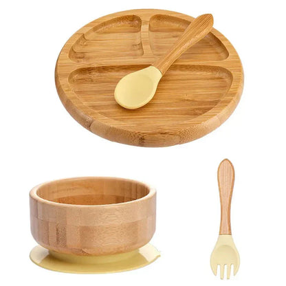 Natural Bamboo Baby Tableware Set with Suction Base