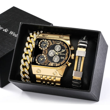 Big Display Leather Strap Men's Quartz Watch Set - Luxicro